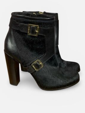 Rachel Zoe Black Calf Leather High Block Heeled Boots Gold Buckles Sz 7.5